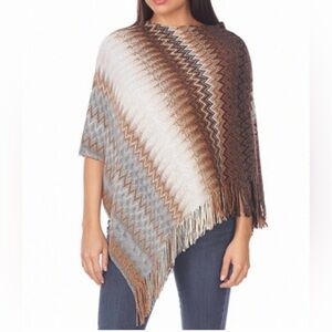 Woven Heart Knit Poncho Chevron Fringe Hem Zigzag Cotton Blend Western Granola